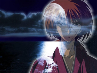 Red haired anime hologram kimono - a cloudy sky free wallpaper