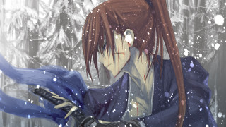 Red haired woman blue coat - sots art free wallpaper