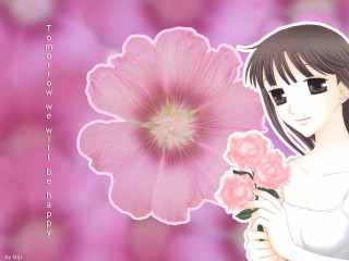 Girl holding flower pink background - a pink flower free wallpaper