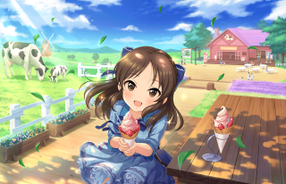 Girl bench eating cake cow - a fence free wallpaper