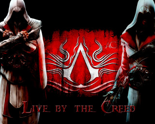 Two hooded figures red background - aaa game free wallpaper