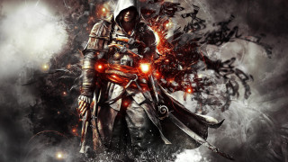 Hooded man sword fire dark - his hand in free wallpaper