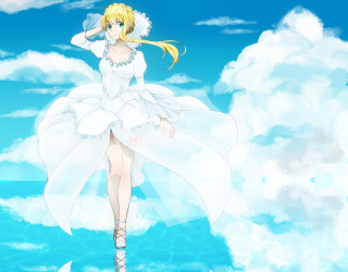 Woman white dress cloud sky - her shoulder free wallpaper