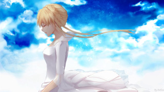 Woman white dress sitting cloud - ground free wallpaper