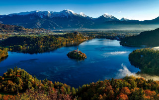 Lake mountains trees day church - the middle of the day free wallpaper