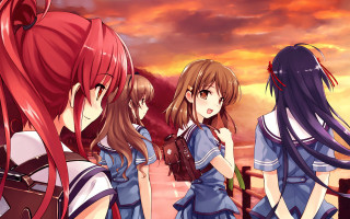 Girls sunset sky clouds red - a group of girls free wallpaper