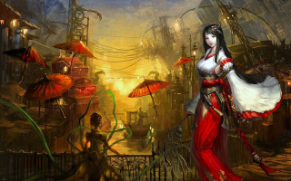 Woman red white dress umbrella - umbrella free wallpaper