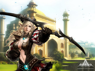 Woman sword helmet holding building - epic fantasy character art free wallpaper