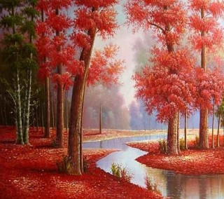 Red forest stream autumn pagoda - a pointillism painting free wallpaper