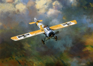 Yellow white biplane flying sky - a painting free wallpaper