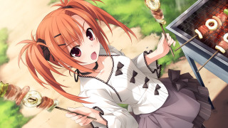 Girl red hair cooking grill - a park area free wallpaper
