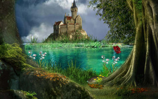 Castle lake forest flowers background - a castle in the background free wallpaper
