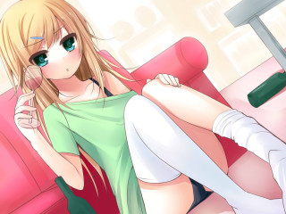 Blonde woman anime sitting pink - a phone free wallpaper