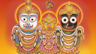 Three deities red yellow backgrounds - bholekar srihari free wallpaper