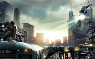 Man train helicopter city night - over a city free wallpaper
