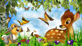 Deer cub grass butterflies tree - butterfly free wallpaper