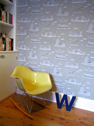Yellow chair pattern wall bookshelf - free minimalism wallpaper