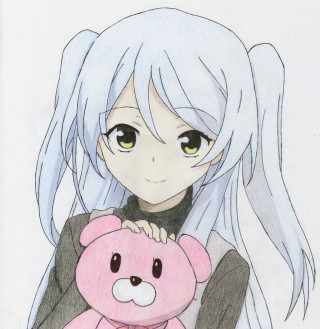 Girl holding pink teddy long - green eye free wallpaper