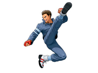 Man blue suit jumping action - his foot free wallpaper