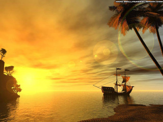 Pirate ship sailing ocean sunset - palm tree free wallpaper