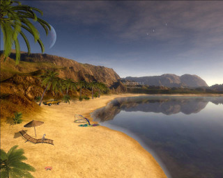 Beach chair umbrella water mountains - a body of water free wallpaper for desktop