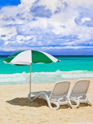 Lawn chairs umbrella beach blue - white cloud free wallpaper