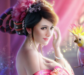 Pink dress woman bird flower - digital painting free wallpaper