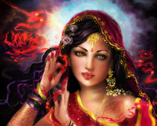 Woman red dress veil flame - digital painting free wallpaper