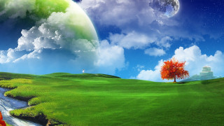 Tree stream green field moon - a green field free wallpaper