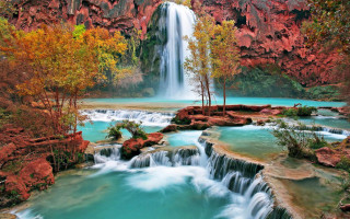 Waterfall background trees nature scenery - a waterfall in the background and trees free wallpaper