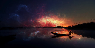 Boat lake colorful sky stars - under free wallpaper for desktop