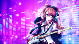 Girl headphones guitar happy music - computer art free wallpaper