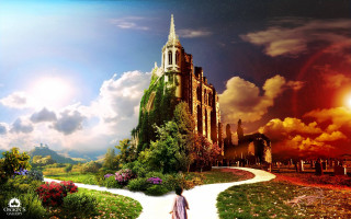 Woman walking path building spire - a spire free wallpaper