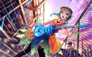 Girl guitar city street sky - a detailed painting free wallpaper for desktop