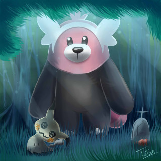 Cartoon panda bear smaller bear - tree and grass free wallpaper