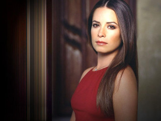 Woman red dress posing wooden - promotional image free wallpaper for desktop