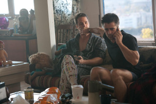 Two men couch talking cell - movie still free wallpaper