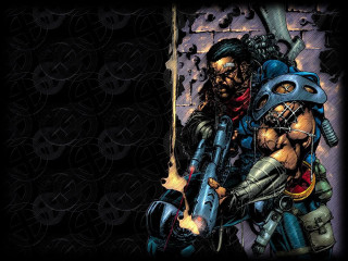 Man helmet sword hugging man - biomechanical free wallpaper