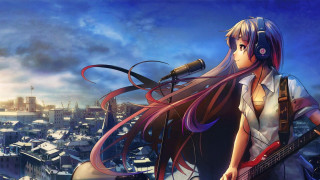 Girl long hair headphones guitar - a guitar in front free wallpaper