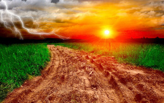Dirt road field sun lightning - apocalyptic free wallpaper