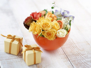 Bowl flowers gift box table - a bow free wallpaper