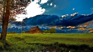 Barn field mountain tree stream - a barn in a field free wallpaper