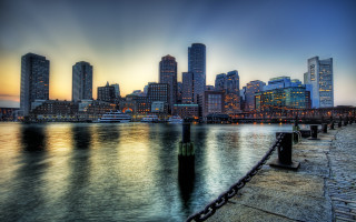 City skyline water fence view - bascove free wallpaper