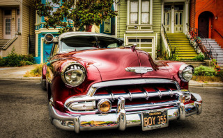 Red classic car house staircase - kodachrome free wallpaper