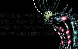Robot glowing eyes black background - face and neck free wallpaper