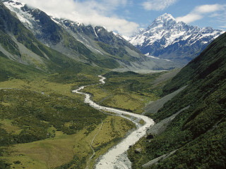 River valley mountains trees snow - top of them free wallpaper