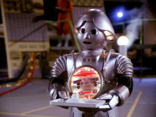 Robot holding tray woman suit - a tray free wallpaper