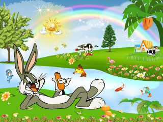 Cartoon rabbit grass rainbow background - charles martin free wallpaper