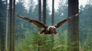 Large owl flying forest tall - a few bird free wallpaper