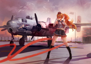 Girl short skirt plane red - a plane in the background free wallpaper